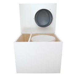 Toilette sèche en bois blanc avec bac intégré. Livré avec bavette inox et seau 22 L. abattant gris. modèle rehaussé PMR