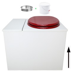Toilette sèche en bois blanc avec bac intégré. Livré avec bavette inox et seau 22 L. abattant rouge. modèle rehaussé PMR
