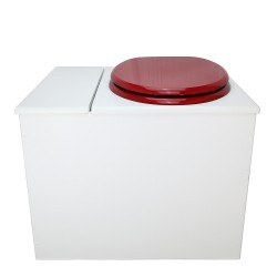 Toilette sèche en bois blanc avec bac intégré. Livré avec bavette inox et seau 22 L. abattant rouge. modèle rehaussé PMR