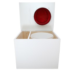 Toilette sèche en bois blanc avec bac intégré. Livré avec bavette inox et seau 22 L. abattant rouge. modèle rehaussé PMR