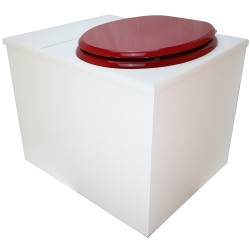 Toilette sèche en bois blanc avec bac intégré. Livré avec bavette inox et seau 22 L. abattant rouge. modèle rehaussé PMR