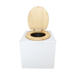 Toilette sèche en bois blanc complète avec seau inox 22 litres et bavette inox Ø30 cm - abattant bois huilé
