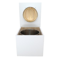 Toilette sèche en bois blanc complète avec seau inox 22 litres et bavette inox Ø30 cm - abattant bois huilé