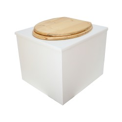 Toilette sèche en bois blanc complète avec seau inox 22 litres et bavette inox Ø30 cm - abattant bois huilé