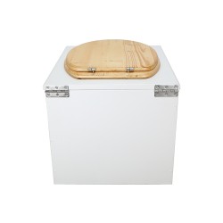 Toilette sèche en bois blanc complète avec seau inox 22 litres et bavette inox Ø30 cm - abattant bois huilé