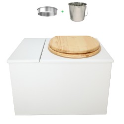 Toilette sèche avec bac à copeaux de bois. bois blanc, abattant huilé. Livré complet avec bavette inox et seau inox 22 litres