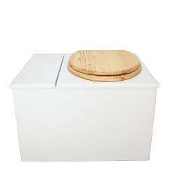 Toilette sèche avec bac à copeaux de bois. bois blanc, abattant huilé. Livré complet avec bavette inox et seau inox 22 litres