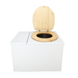 Toilette sèche avec bac à copeaux de bois. bois blanc, abattant huilé. Livré complet avec bavette inox et seau inox 22 litres