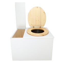 Toilette sèche avec bac à copeaux de bois. bois blanc, abattant huilé. Livré complet avec bavette inox et seau inox 22 litres