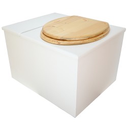 Toilette sèche avec bac à copeaux de bois. bois blanc, abattant huilé. Livré complet avec bavette inox et seau inox 22 litres