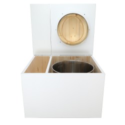 Toilette sèche avec bac à copeaux de bois. bois blanc, abattant huilé. Livré complet avec bavette inox et seau inox 22 litres