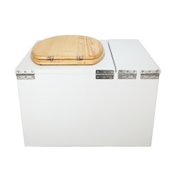 Toilette sèche avec bac à copeaux de bois. bois blanc, abattant huilé. Livré complet avec bavette inox et seau inox 22 litres