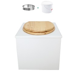 Toilette sèche de couleur blanche complète avec seau plastique 22L, bavette inox, abattant bois huilé
