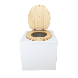 Toilette sèche de couleur blanche complète avec seau plastique 22L, bavette inox, abattant bois huilé