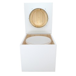 Toilette sèche de couleur blanche complète avec seau plastique 22L, bavette inox, abattant bois huilé