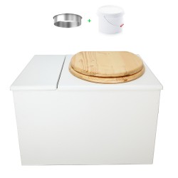 Toilette sèche avec bac à copeaux de bois. bois blanc, abattant bois huilé. Livré complet avec bavette inox et seau 22 litres