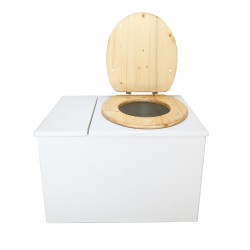 Toilette sèche avec bac à copeaux de bois. bois blanc, abattant bois huilé. Livré complet avec bavette inox et seau 22 litres