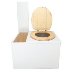 Toilette sèche avec bac à copeaux de bois. bois blanc, abattant bois huilé. Livré complet avec bavette inox et seau 22 litres