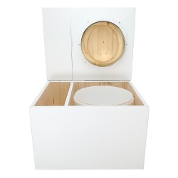 Toilette sèche avec bac à copeaux de bois. bois blanc, abattant bois huilé. Livré complet avec bavette inox et seau 22 litres