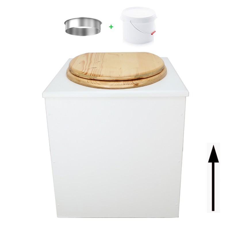 Toilette sèche en bois blanche avec seau plastique 22L, bavette inox, abattant bois huilé. Modèle rehaussé PMR