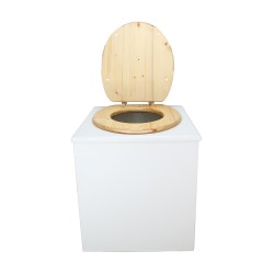 Toilette sèche en bois blanche avec seau plastique 22L, bavette inox, abattant bois huilé. Modèle rehaussé PMR