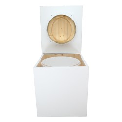 Toilette sèche en bois blanche avec seau plastique 22L, bavette inox, abattant bois huilé. Modèle rehaussé PMR