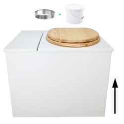 Toilette sèche en bois blanc avec bac intégré. Livré avec bavette inox et seau 22 litres. abattant huilé. modèle rehaussé PMR