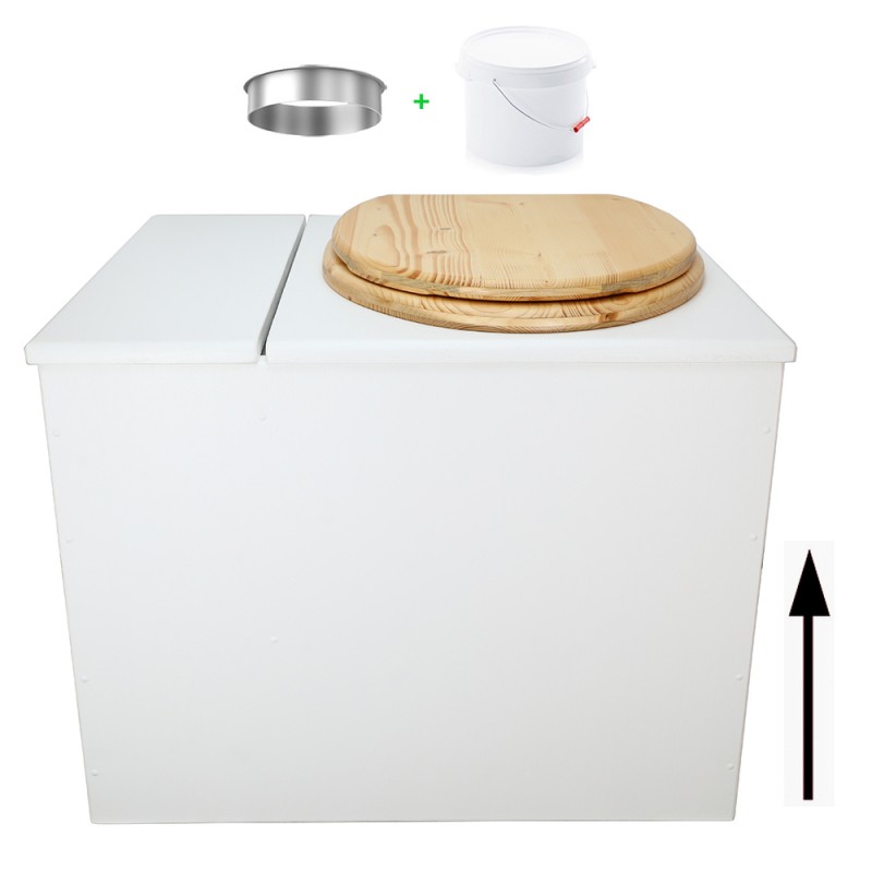 Toilette sèche en bois blanc avec bac intégré. Livré avec bavette inox et seau 22 litres. abattant huilé. modèle rehaussé PMR
