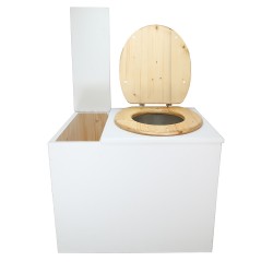 Toilette sèche en bois blanc avec bac intégré. Livré avec bavette inox et seau 22 litres. abattant huilé. modèle rehaussé PMR
