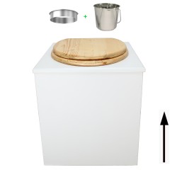 Toilette sèche rehaussée en bois blanc complète avec seau inox 22 litres et bavette inox Ø30 cm - abattant bois huilé