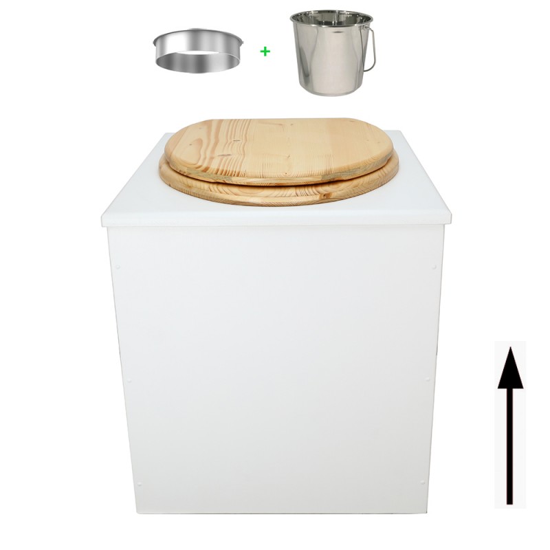 Toilette sèche rehaussée en bois blanc complète avec seau inox 22 litres et bavette inox Ø30 cm - abattant bois huilé