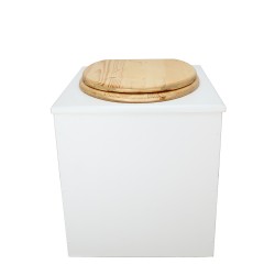 Toilette sèche rehaussée en bois blanc complète avec seau inox 22 litres et bavette inox Ø30 cm - abattant bois huilé