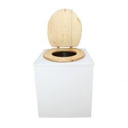 Toilette sèche rehaussée en bois blanc complète avec seau inox 22 litres et bavette inox Ø30 cm - abattant bois huilé