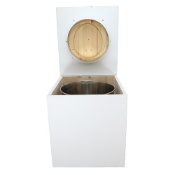 Toilette sèche rehaussée en bois blanc complète avec seau inox 22 litres et bavette inox Ø30 cm - abattant bois huilé