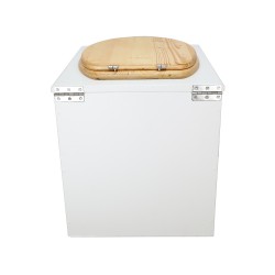 Toilette sèche rehaussée en bois blanc complète avec seau inox 22 litres et bavette inox Ø30 cm - abattant bois huilé
