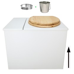 Toilette sèche en bois blanc avec bac intégré, abattant bois huilé, seau inox et bavette inox. Hauteur PMR 50 cm.