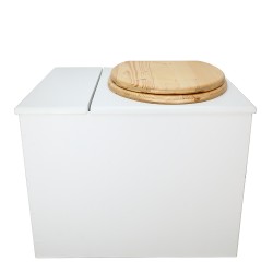 Toilette sèche en bois blanc avec bac intégré, abattant bois huilé, seau inox et bavette inox. Hauteur PMR 50 cm.