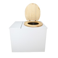 Toilette sèche en bois blanc avec bac intégré, abattant bois huilé, seau inox et bavette inox. Hauteur PMR 50 cm.