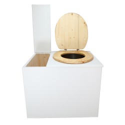 Toilette sèche en bois blanc avec bac intégré, abattant bois huilé, seau inox et bavette inox. Hauteur PMR 50 cm.