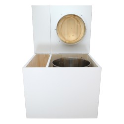 Toilette sèche en bois blanc avec bac intégré, abattant bois huilé, seau inox et bavette inox. Hauteur PMR 50 cm.