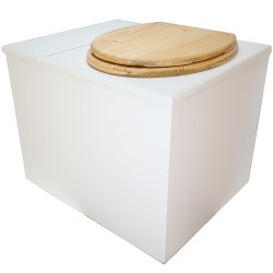 Toilette sèche en bois blanc avec bac intégré, abattant bois huilé, seau inox et bavette inox. Hauteur PMR 50 cm.