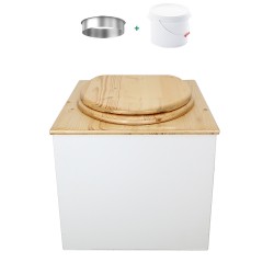 Toilette sèche de couleur blanc/huilé complète avec seau plastique 22L, bavette inox, abattant bois huilé