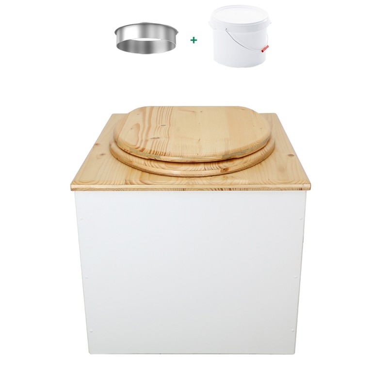 Toilette sèche de couleur blanc/huilé complète avec seau plastique 22L, bavette inox, abattant bois huilé Toilette sèche de couleur blanc/huilé complète avec seau plastique 22L, bavette inox, abattant bois huilé