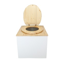 Toilette sèche de couleur blanc/huilé complète avec seau plastique 22L, bavette inox, abattant bois huilé