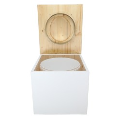 Toilette sèche de couleur blanc/huilé complète avec seau plastique 22L, bavette inox, abattant bois huilé