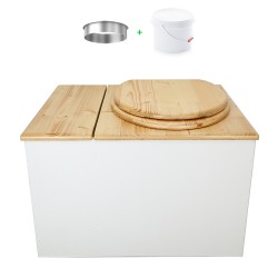 Toilette sèche avec bac à copeaux de bois. bois blanc/huilé, abattant bois huilé. Livré avec bavette inox et seau 22 litres