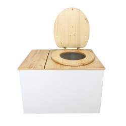 Toilette sèche avec bac à copeaux de bois. bois blanc/huilé, abattant bois huilé. Livré avec bavette inox et seau 22 litres
