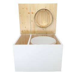 Toilette sèche avec bac à copeaux de bois. bois blanc/huilé, abattant bois huilé. Livré avec bavette inox et seau 22 litres