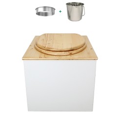 Toilette sèche en bois blanc/huilé complète avec seau inox 22 litres et bavette inox - abattant bois huilé