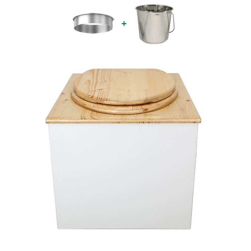 Toilette sèche en bois blanc/huilé complète avec seau inox 22 litres et bavette inox - abattant bois huilé